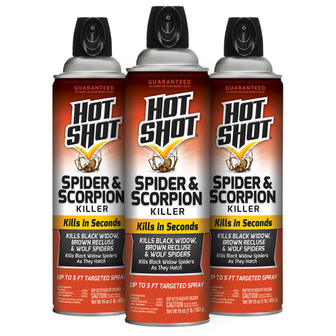 HOT SHOT aerosol frontal pack de 3 mostrando envases y etiqueta claramente, eficacia rápida