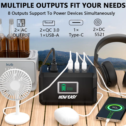 HOWEASY detalle de puertos AC, USB-C y QC para carga simultánea eficiente