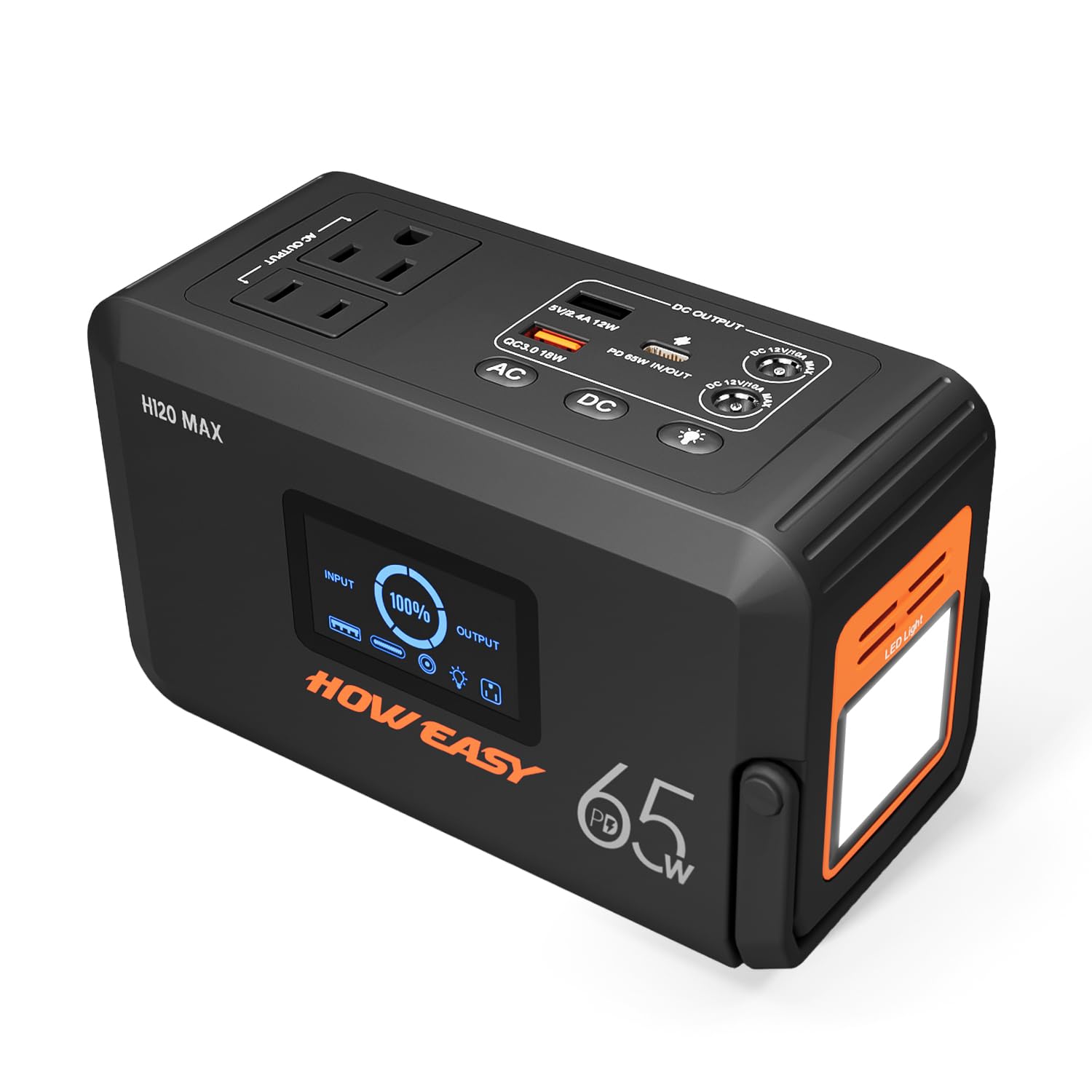 HOWEASY estación de energía frontal mostrando tomas y pantalla, solución portátil fiable
