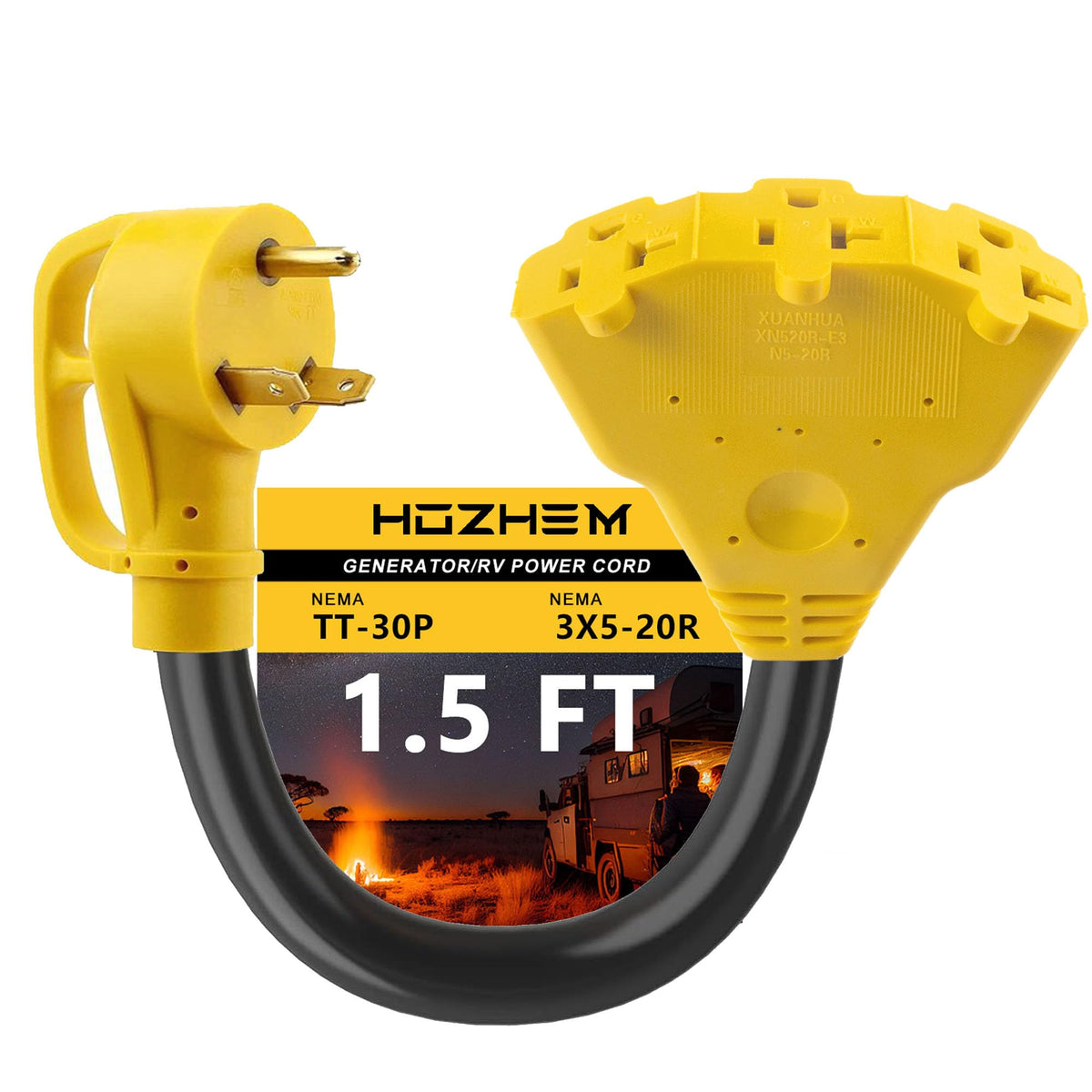 HOZHEM adaptador frontal mostrando entrada TT-30P y tres salidas domésticas, conexión segura