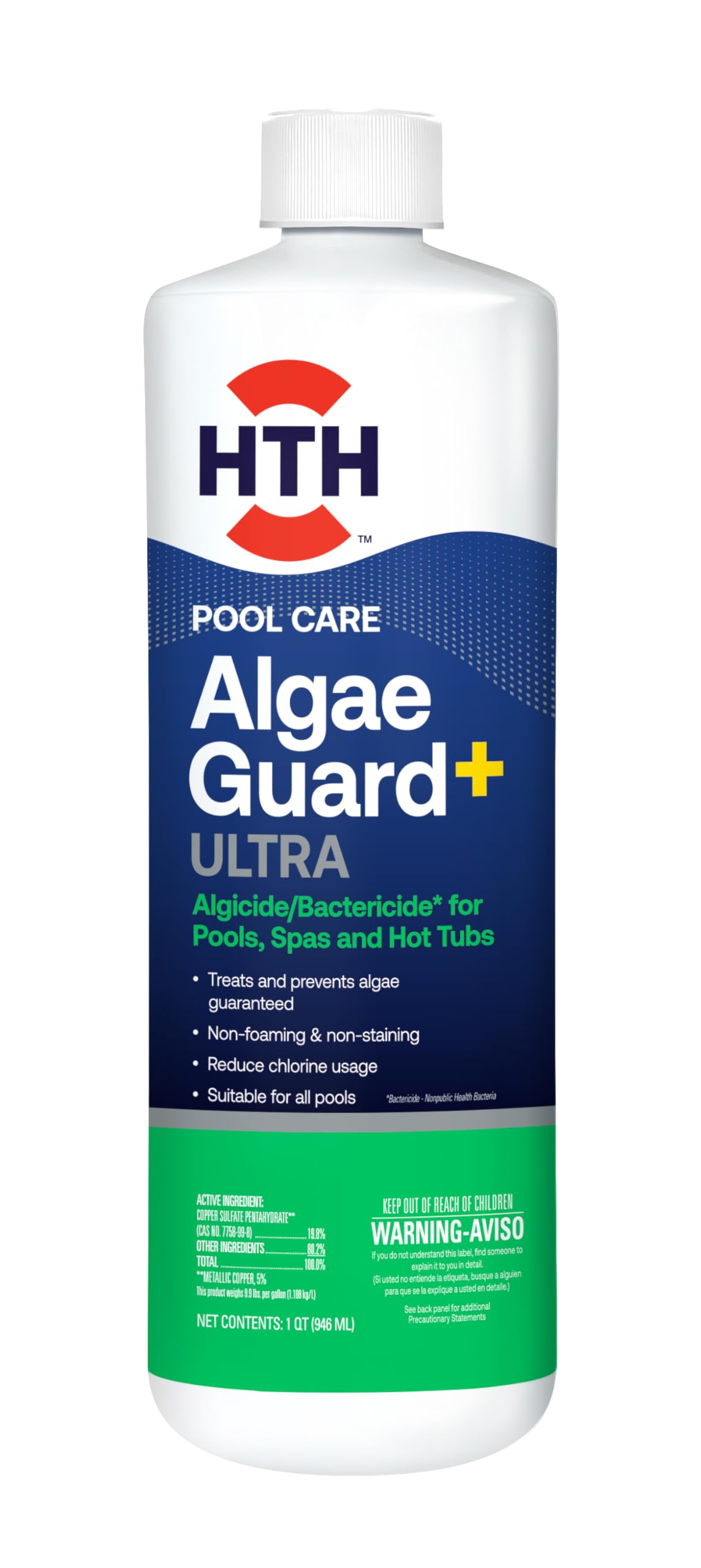 HTH bote frontal mostrando etiqueta y volumen 32 oz para control de algas