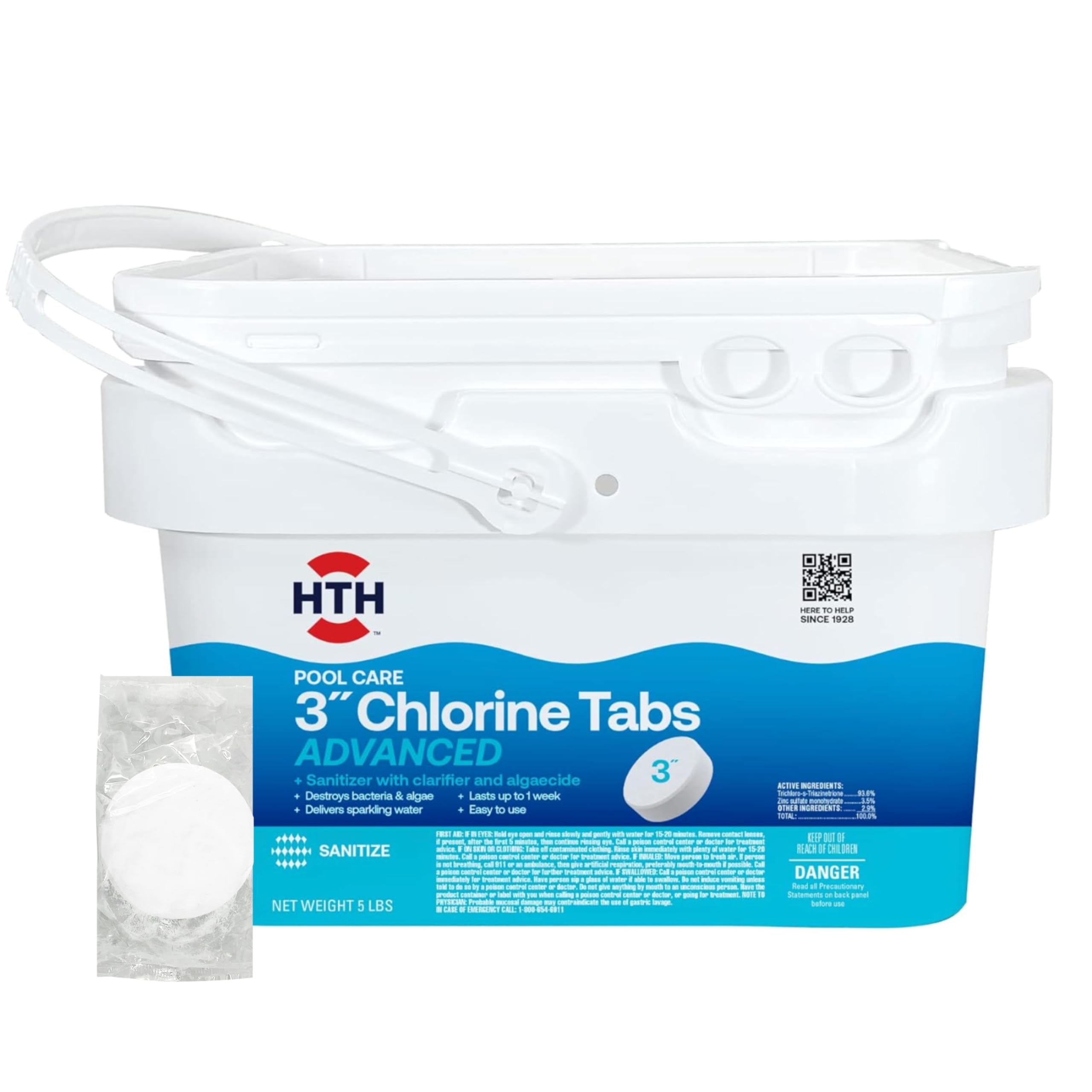 HTH embalaje frontal 5 lb mostrando el producto y beneficio de almacenamiento seguro