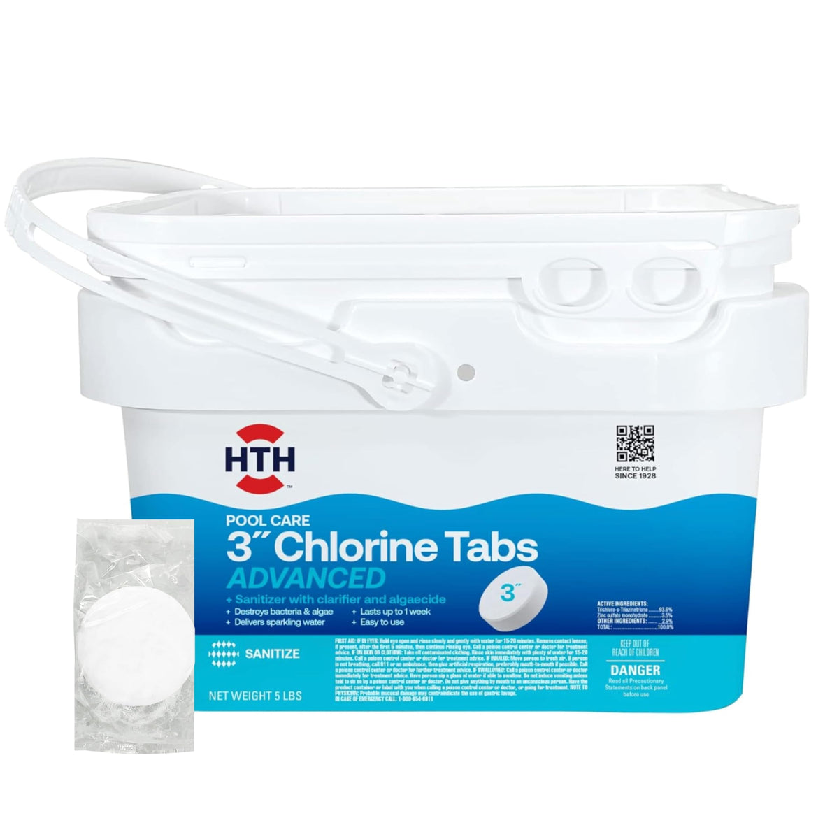 HTH embalaje frontal 5 lb mostrando el producto y beneficio de almacenamiento seguro
