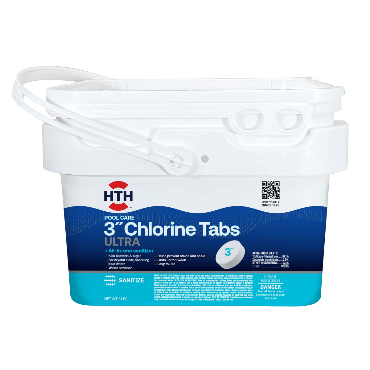 HTH paquetes frontales 8 lb mostrando pastillas y beneficio de larga duración