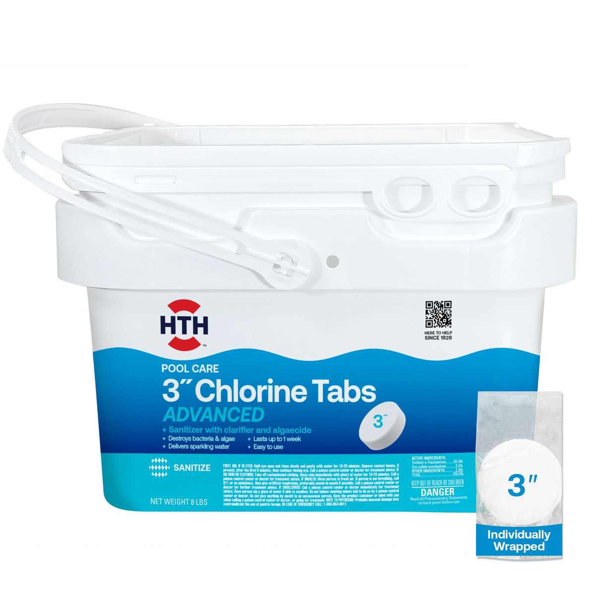 HTH embalaje frontal mostrando el paquete de 8 lb y beneficio durabilidad