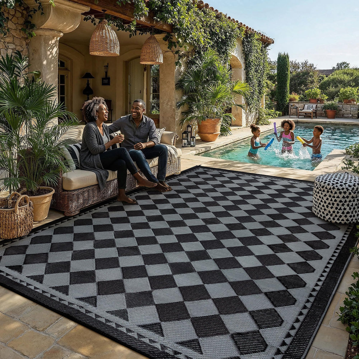 HUGEAR alfombra 8x10 negra y gris vista frontal, protección y estilo
