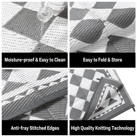 HUGEAR alfombra junto a silla para apreciar tamaño y uso en exteriores