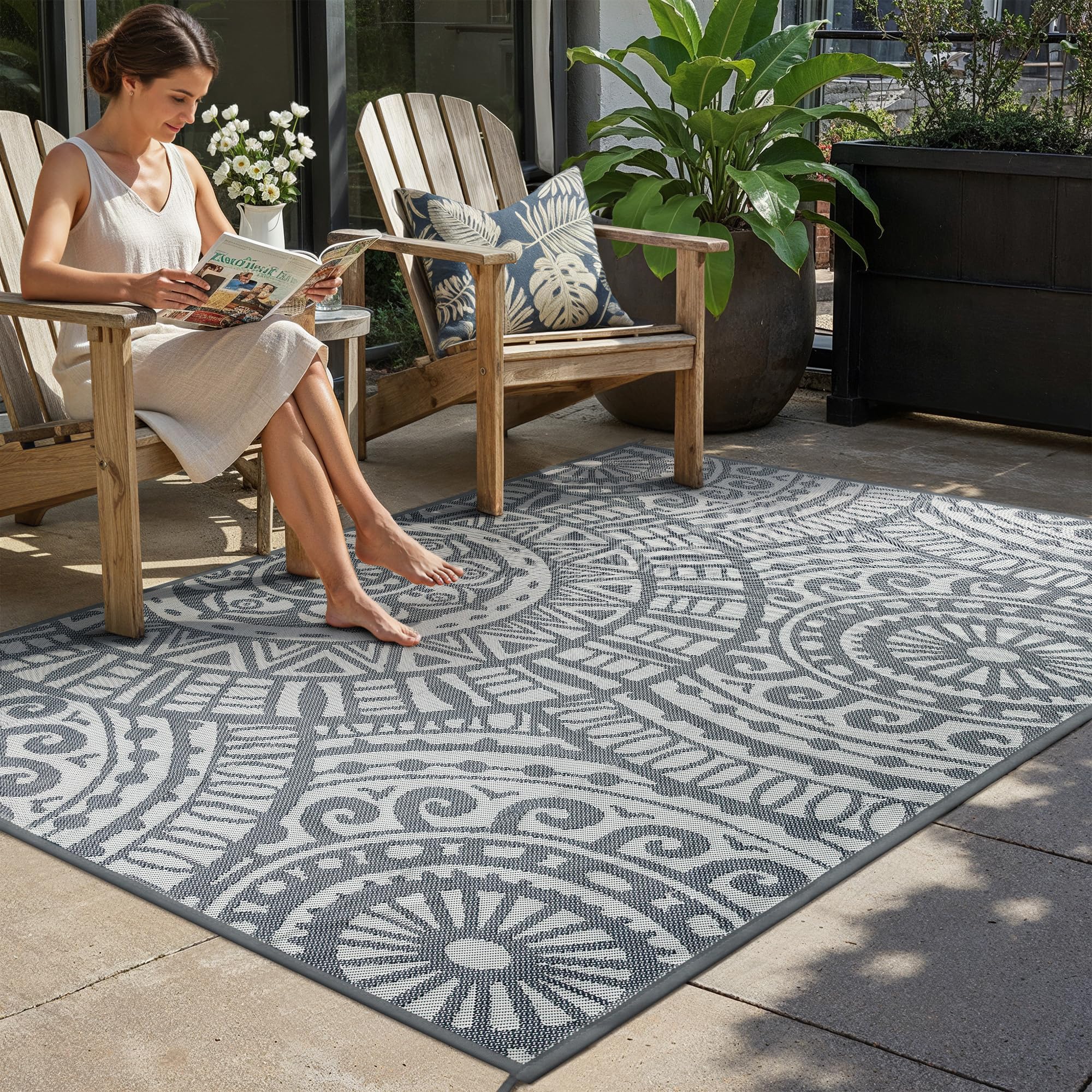 HUGEAR alfombra frontal 5x8 mostrando diseño boho y protección para patio