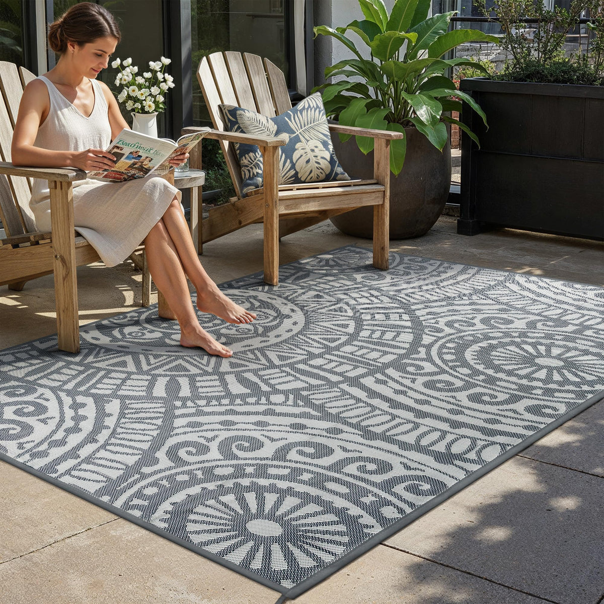 HUGEAR alfombra frontal 5x8 mostrando diseño boho y protección para patio