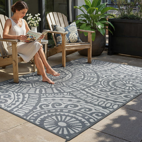 HUGEAR alfombra frontal 5x8 mostrando diseño boho y protección para patio