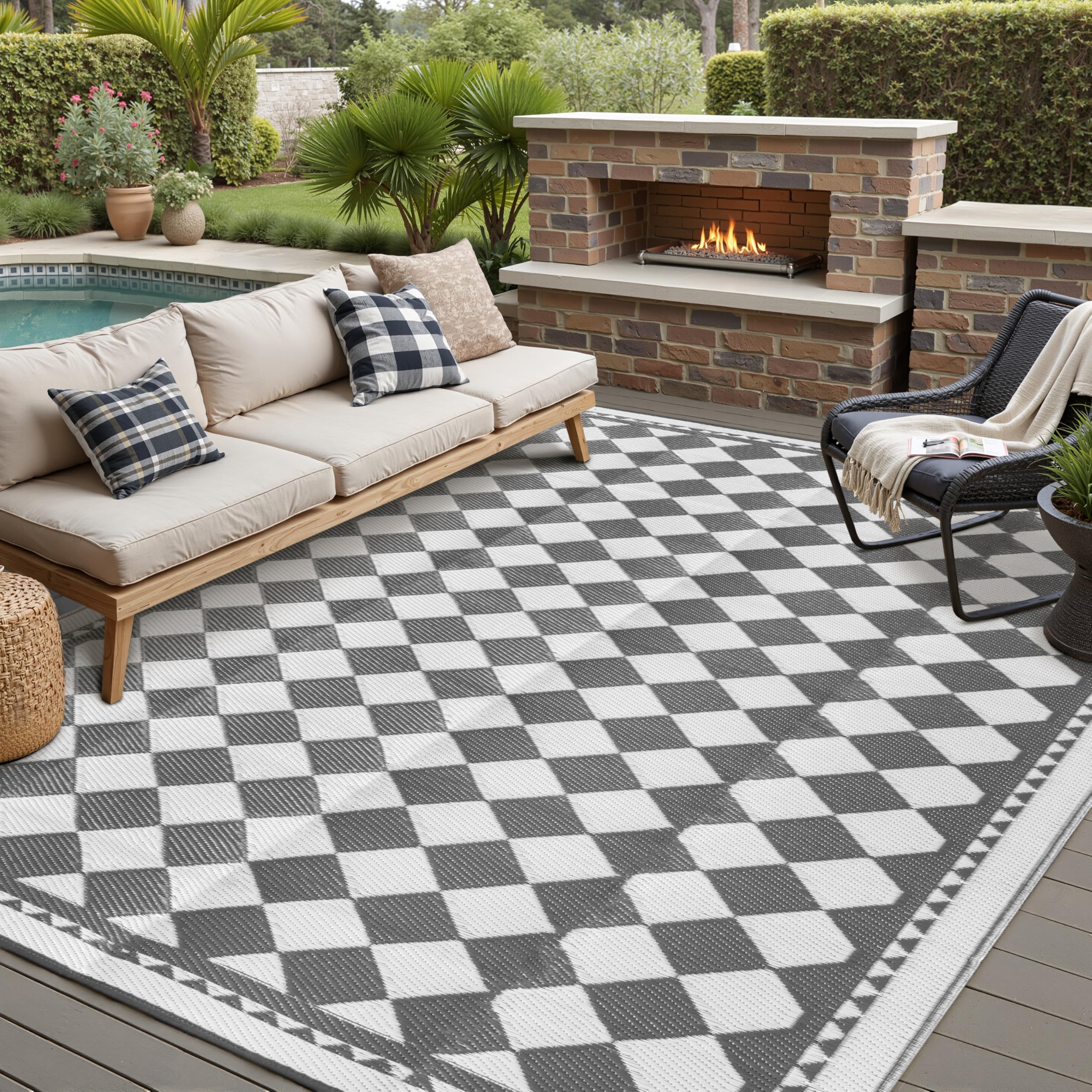 HUGEAR alfombra frontal 6x9 gris a cuadros, aspecto elegante y resistente