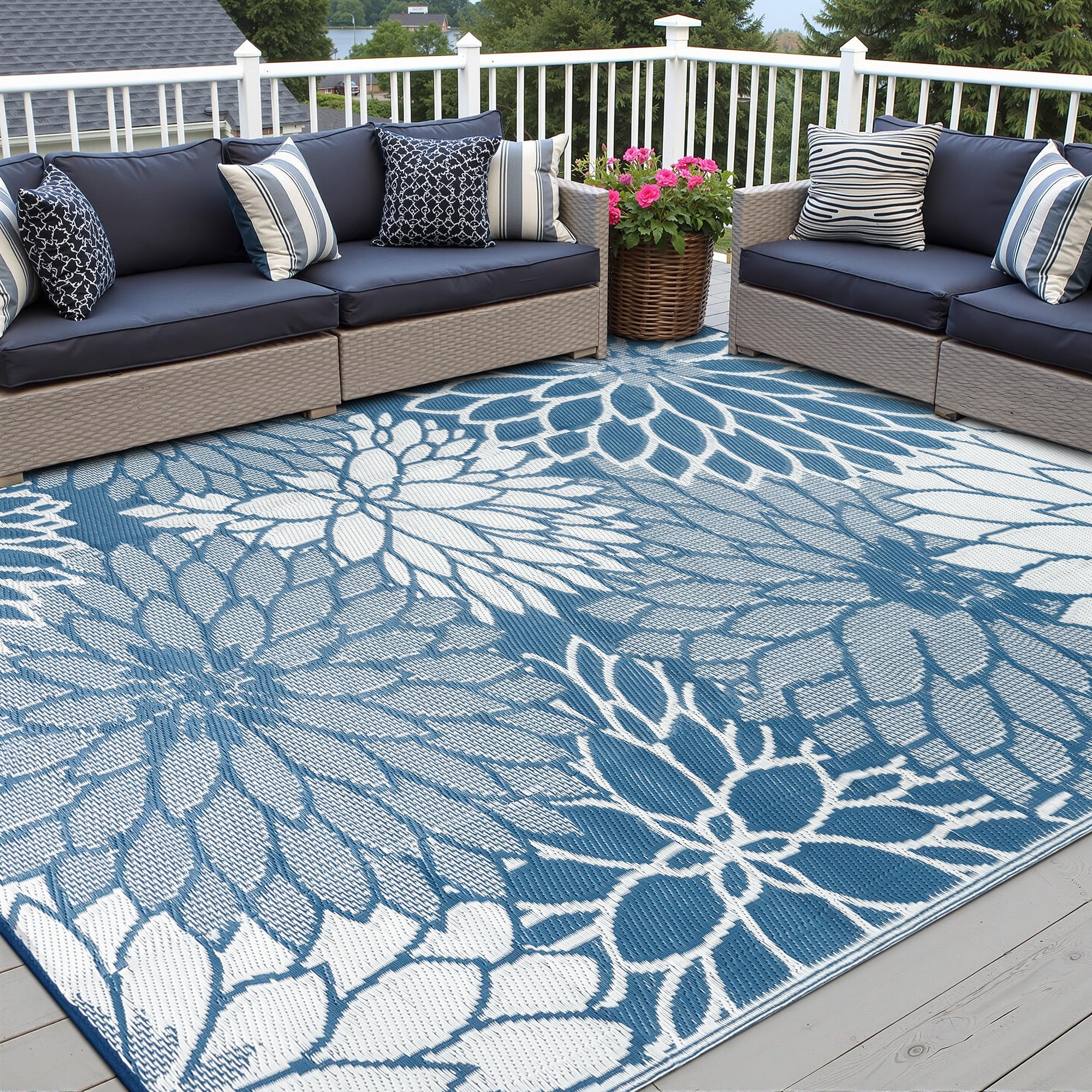 HUGEAR alfombra frontal azul floral mostrando diseño atractivo y protección solar