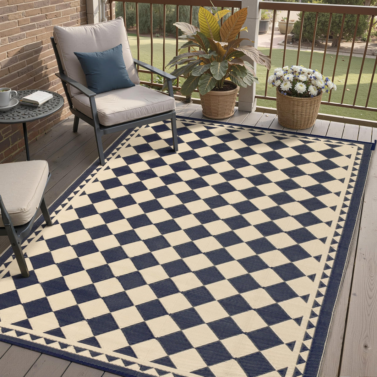 HUGEAR vista frontal de la alfombra a cuadros, aporta estilo al patio