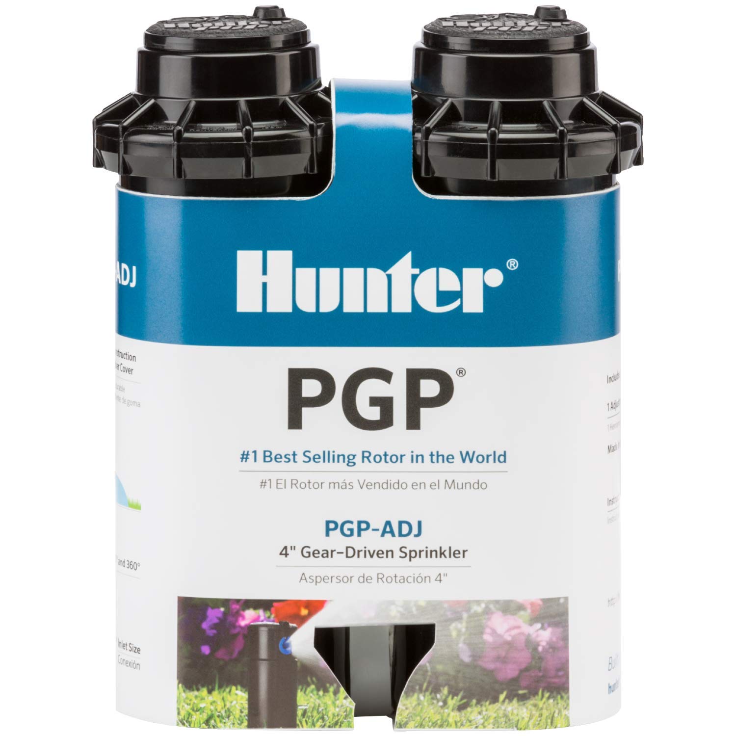 Hunter PGP-ADJ vista frontal del aspersor mostrando cuerpo retráctil y diseño robusto