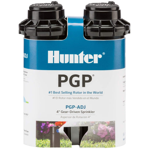 Hunter PGP-ADJ vista frontal del aspersor mostrando cuerpo retráctil y diseño robusto