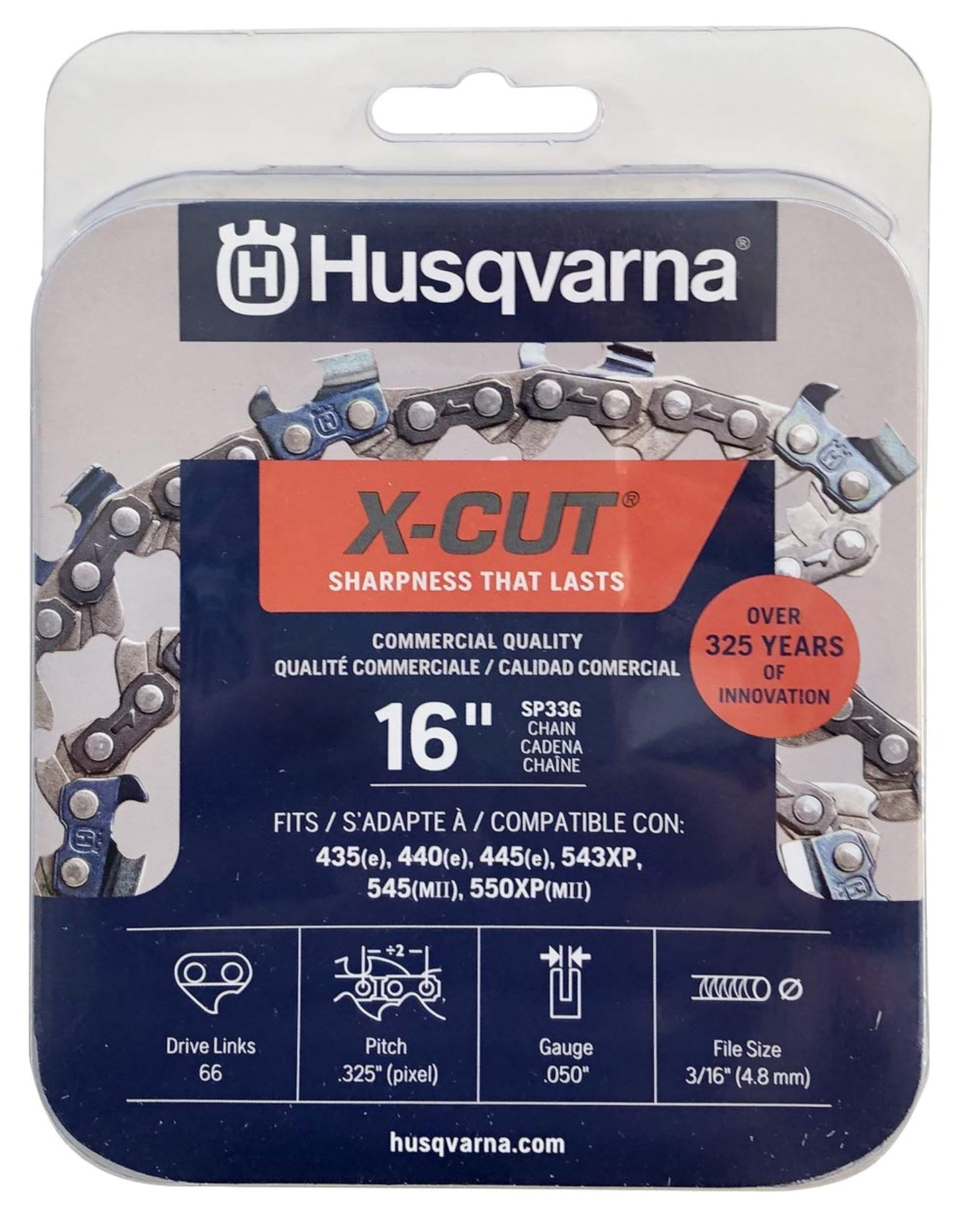 Husqvarna X-Cut vista frontal mostrando perfil y eslabones para ajuste seguro