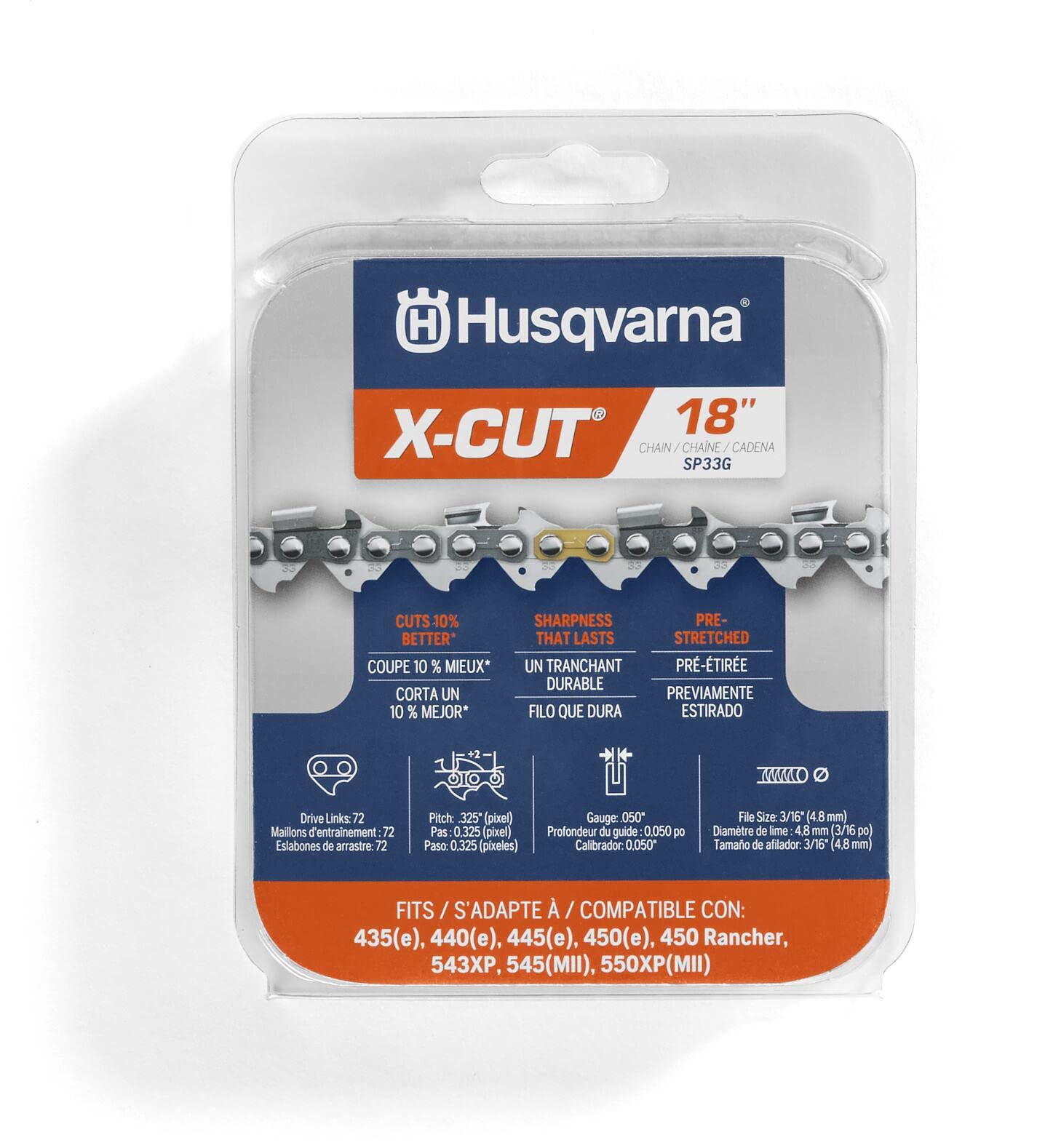 Husqvarna X-Cut SP33G en su empaque mostrando especificaciones clave y beneficio de ajuste listo