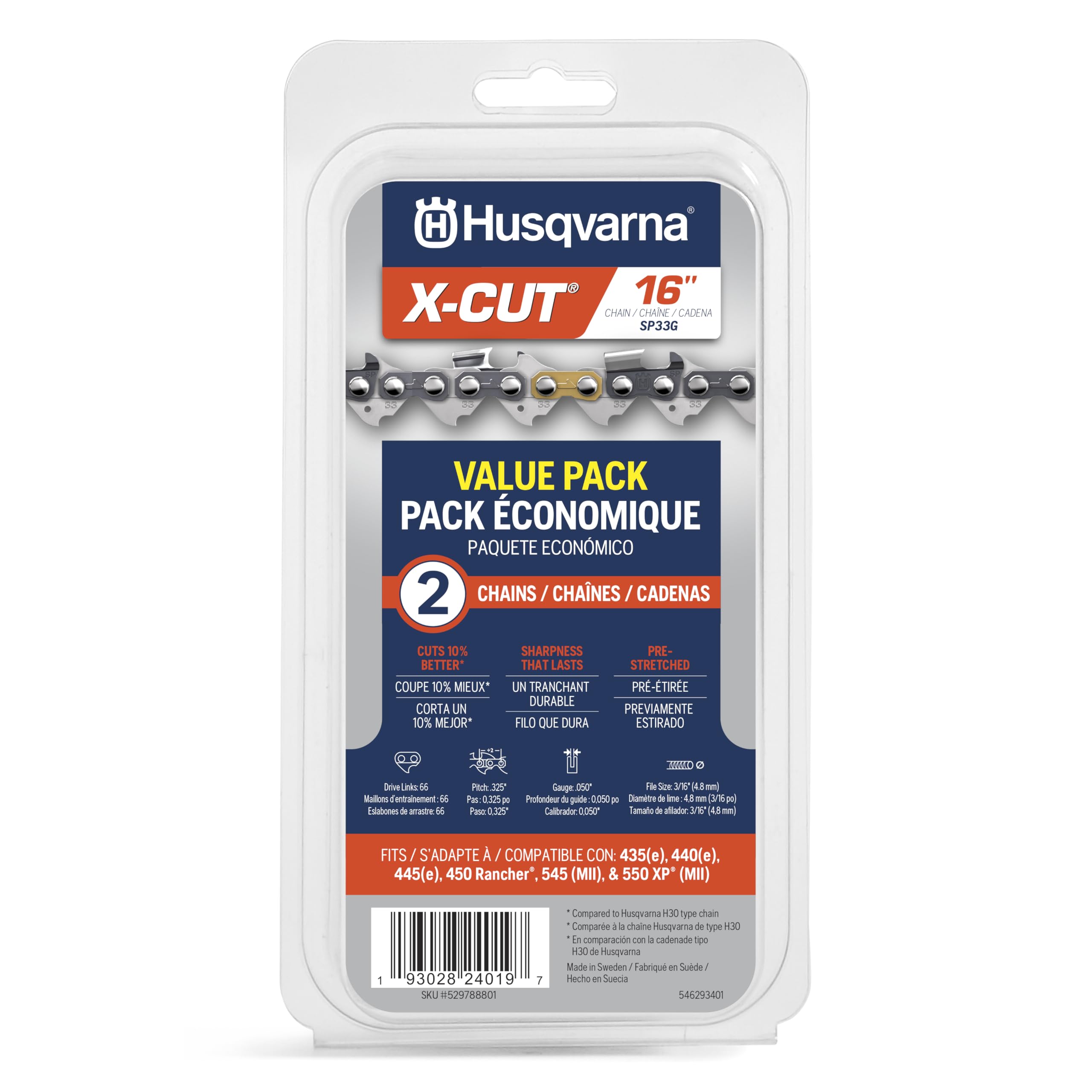 Husqvarna X‑Cut SP33G vista frontal mostrando acabado y longitud, mayor durabilidad