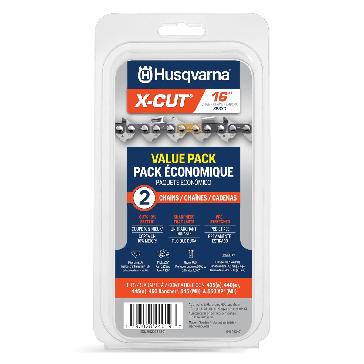Husqvarna X‑Cut SP33G vista frontal mostrando acabado y longitud, mayor durabilidad