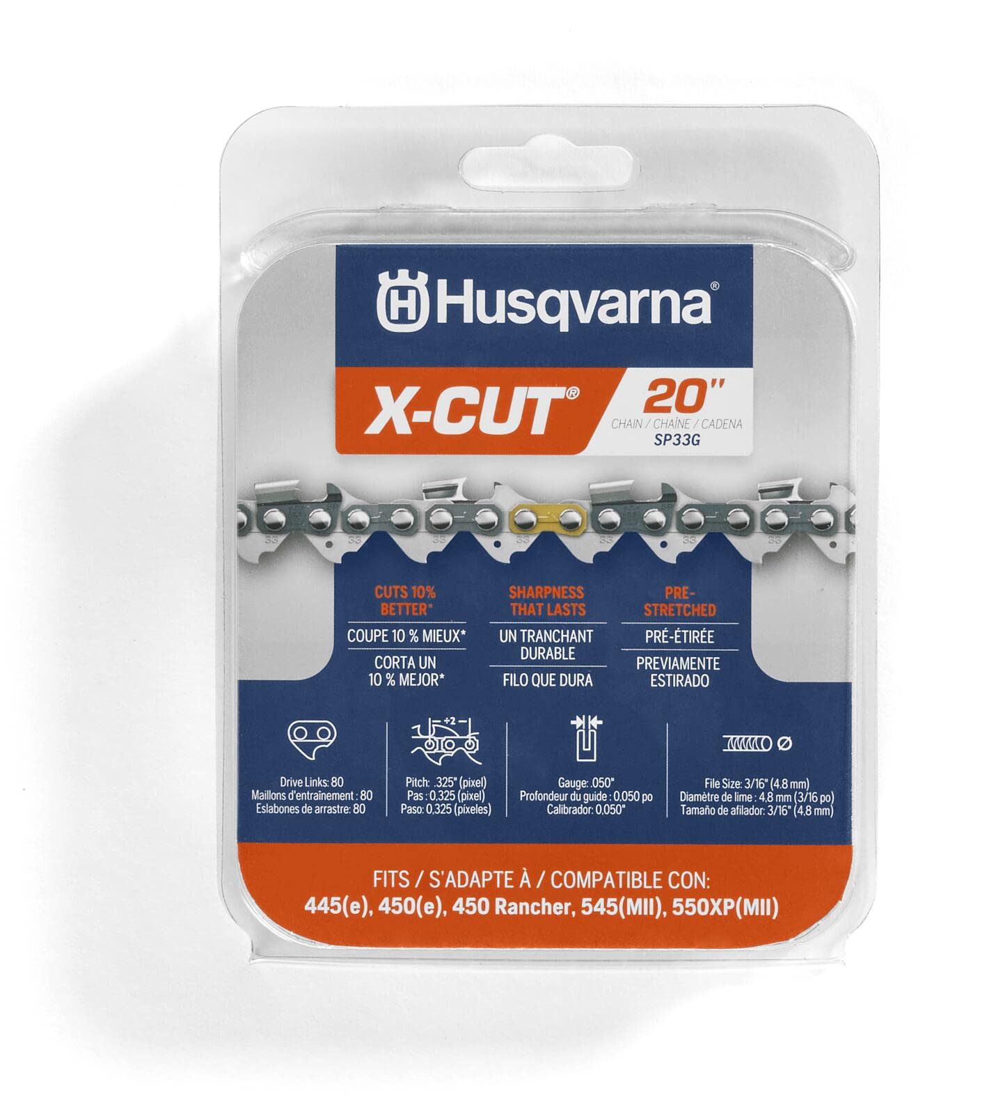 Husqvarna vista frontal de la cadena en su empaque que muestra compatibilidad