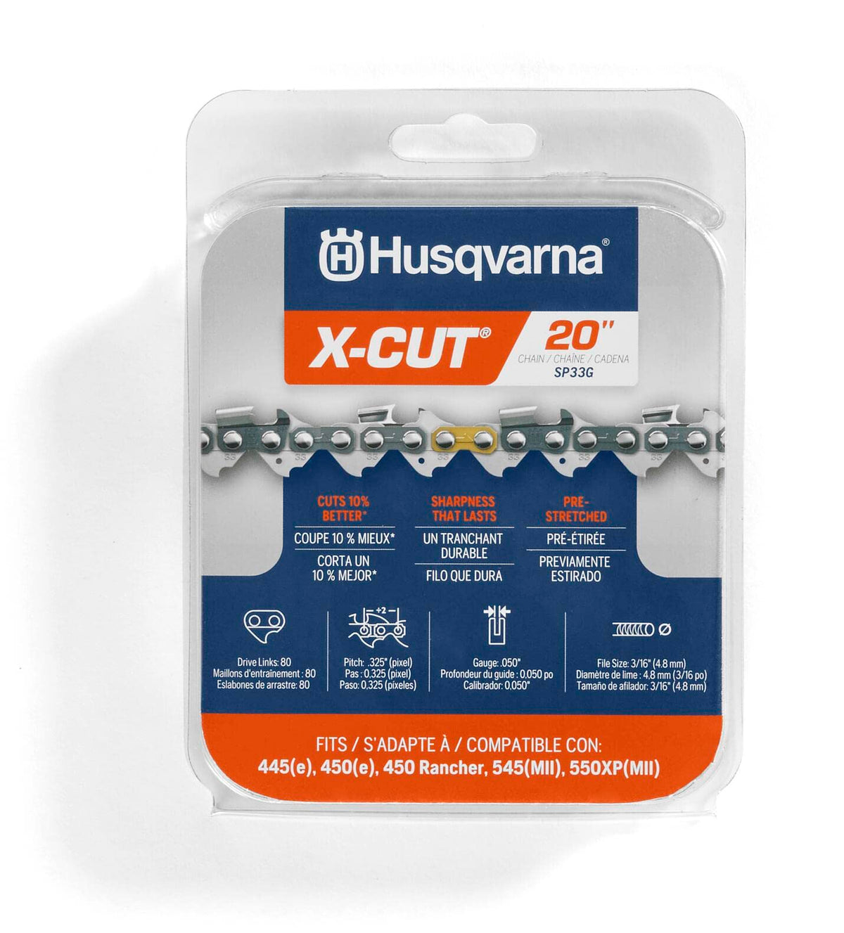 Husqvarna vista frontal de la cadena en su empaque que muestra compatibilidad