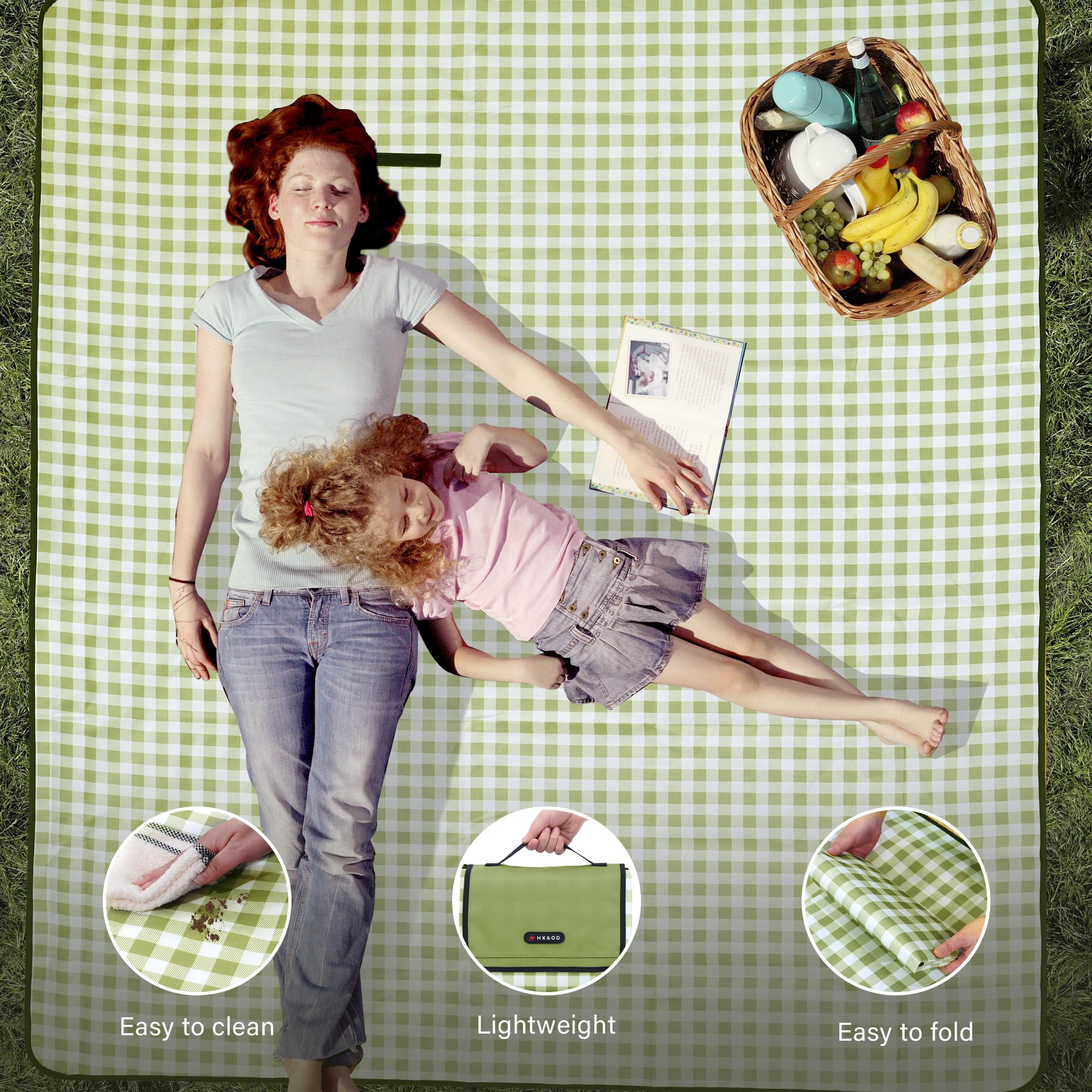 HX&OD manta con familia sentada para mostrar la capacidad 6–8 adultos