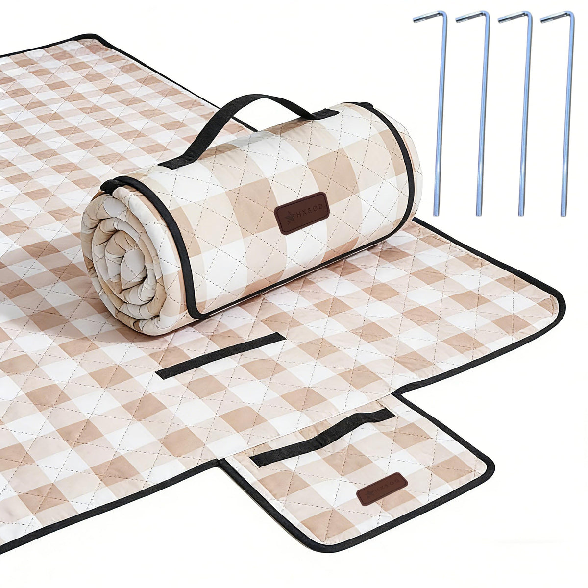 HX&OD manta de picnic frontal mostrando tamaño y diseño gingham, ideal para familias
