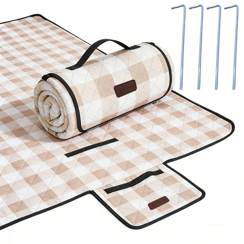 HX&OD manta de picnic frontal mostrando tamaño y diseño gingham, ideal para familias