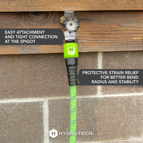HydroTech comparación de longitud 50 ft demostrando cobertura amplia del jardín