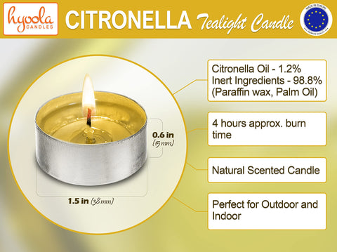 Hyoola vela tealight con llama encendida mostrando combustión limpia y duración aproximada