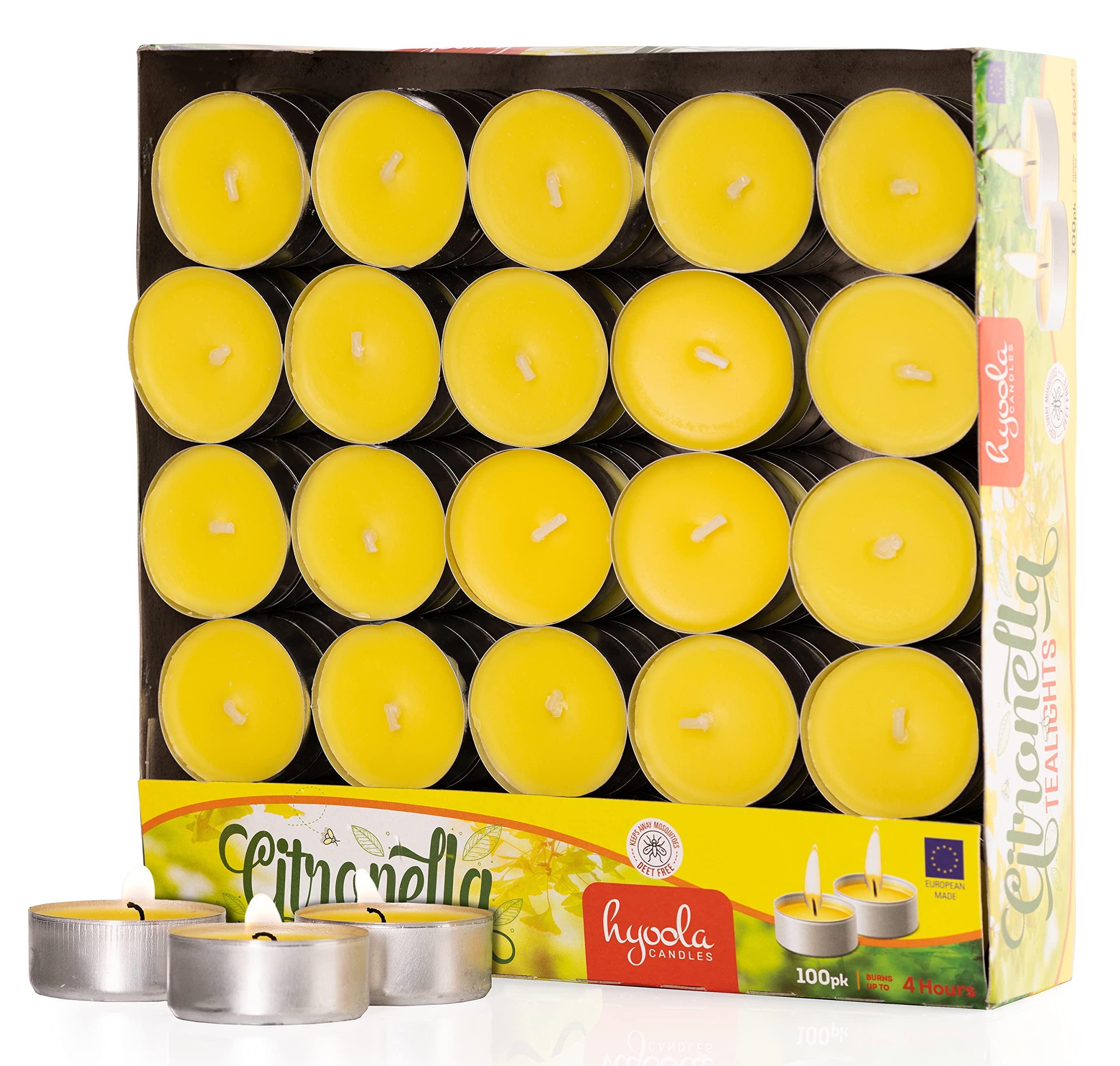 Hyoola paquete frontal de 100 tealights mostrando embalaje y cantidad para uso prolongado