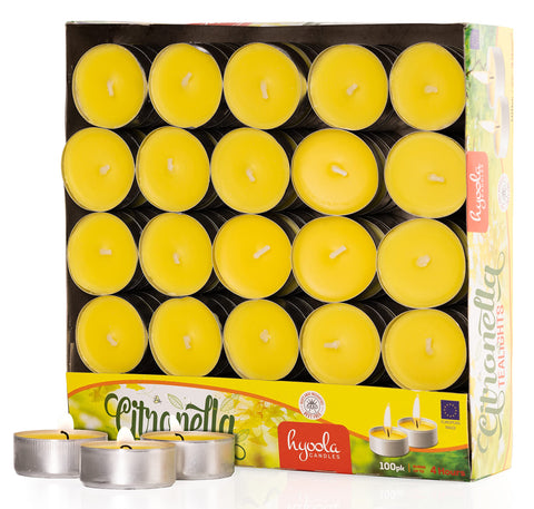 Hyoola paquete frontal de 100 tealights mostrando embalaje y cantidad para uso prolongado