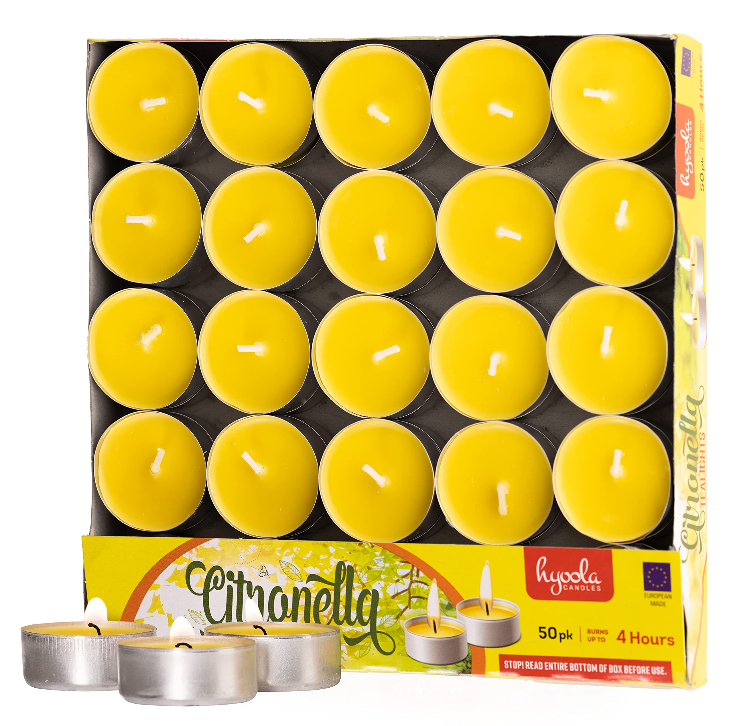 Hyoola caja frontal mostrando 50 velas citronela y facilidad de uso