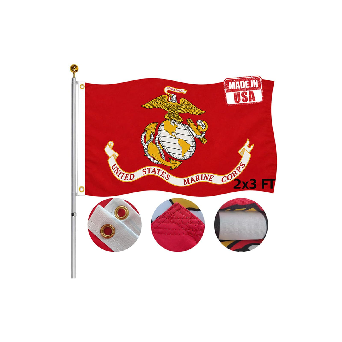 Hypoth bandera USMC vista frontal con colores vibrantes y durabilidad