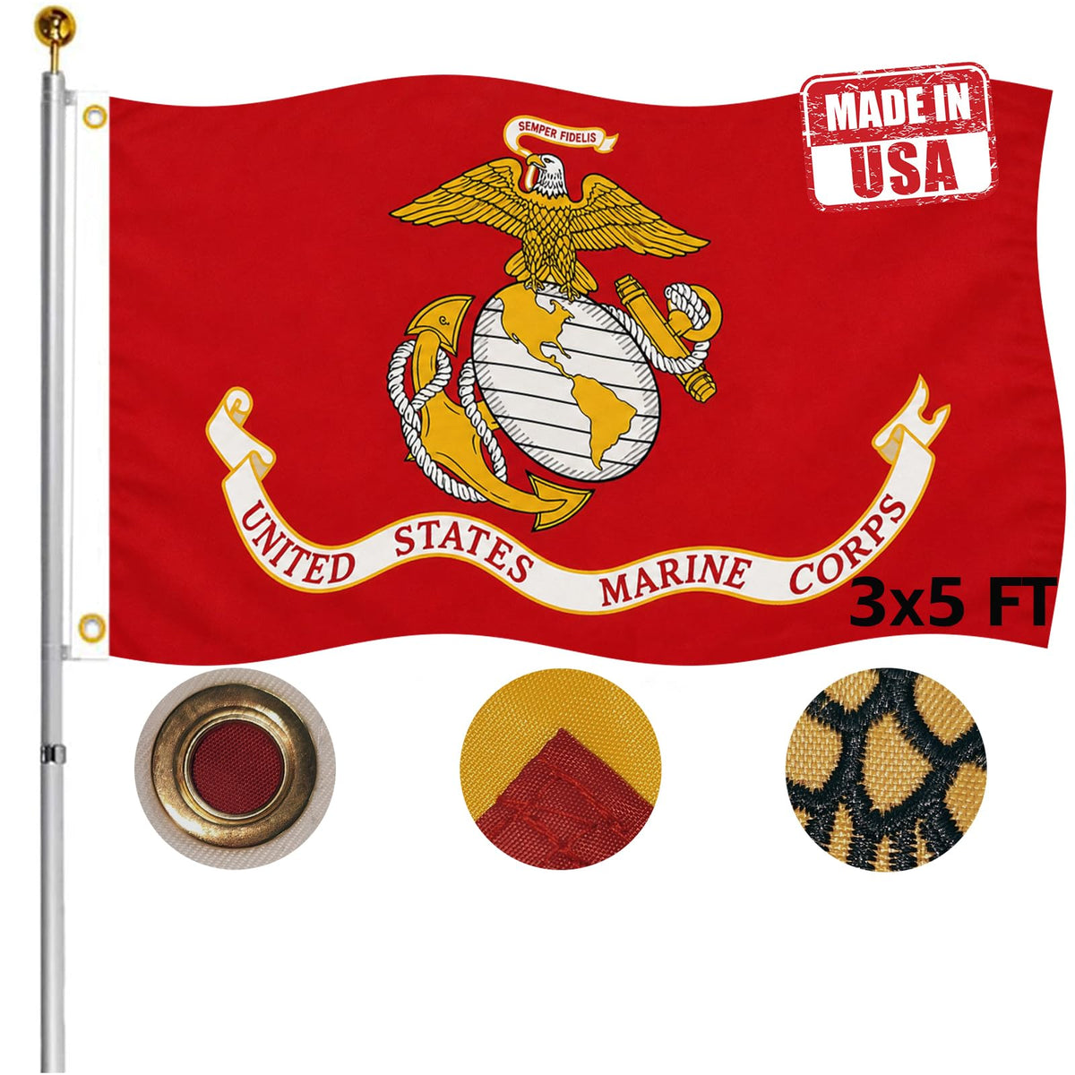 Hypoth bandera USMC frontal mostrando emblema nítido y resistencia