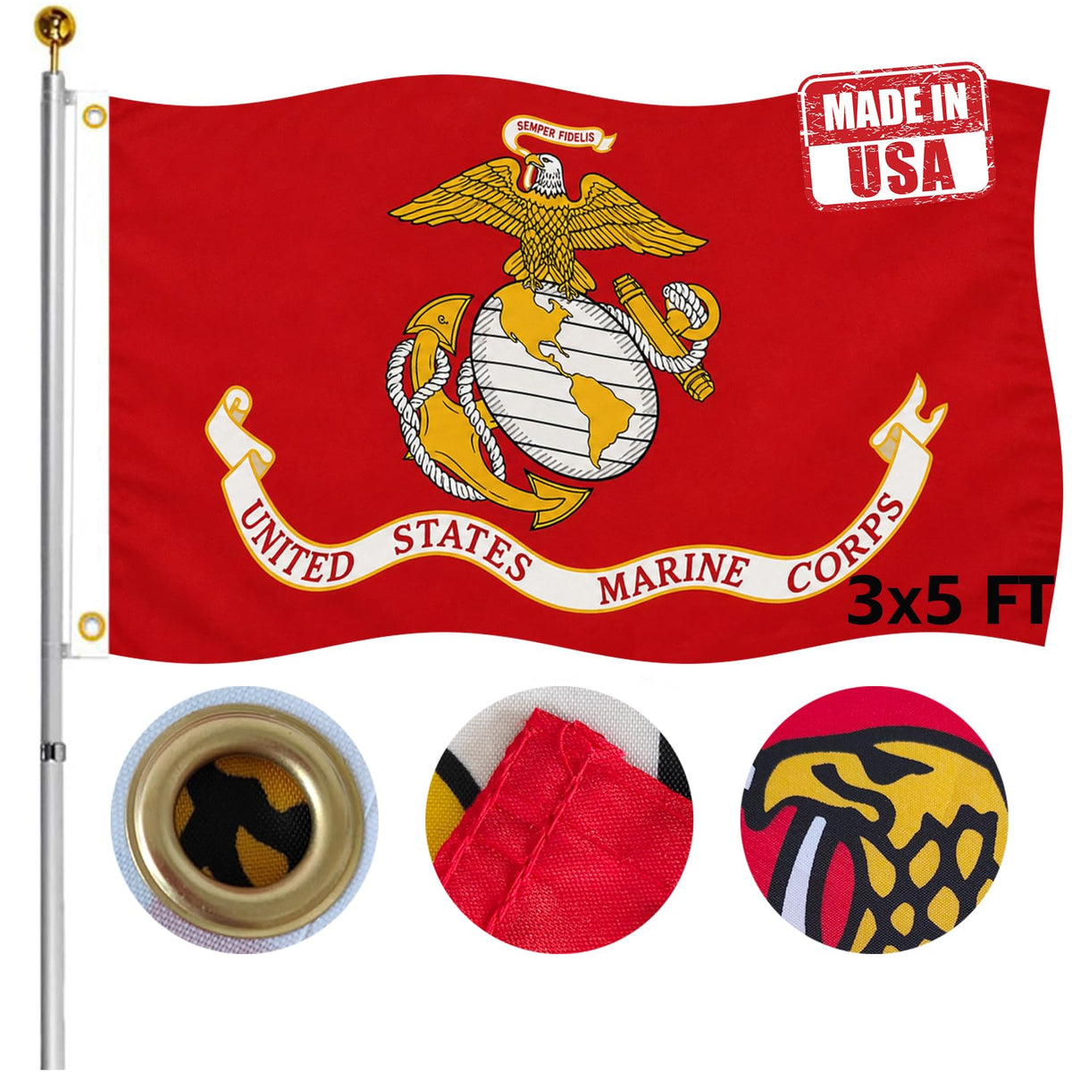 Hypoth bandera frontal 3x5 con emblema USMC mostrando colores vivos y presencia