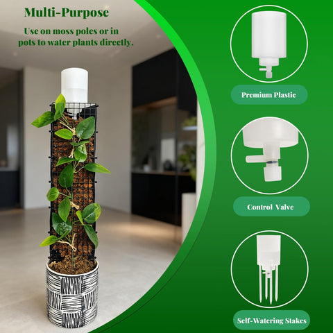 HYYZ dripper en uso instalado en un moss pole con Monstera, mantiene núcleo húmedo sin mojar hojas