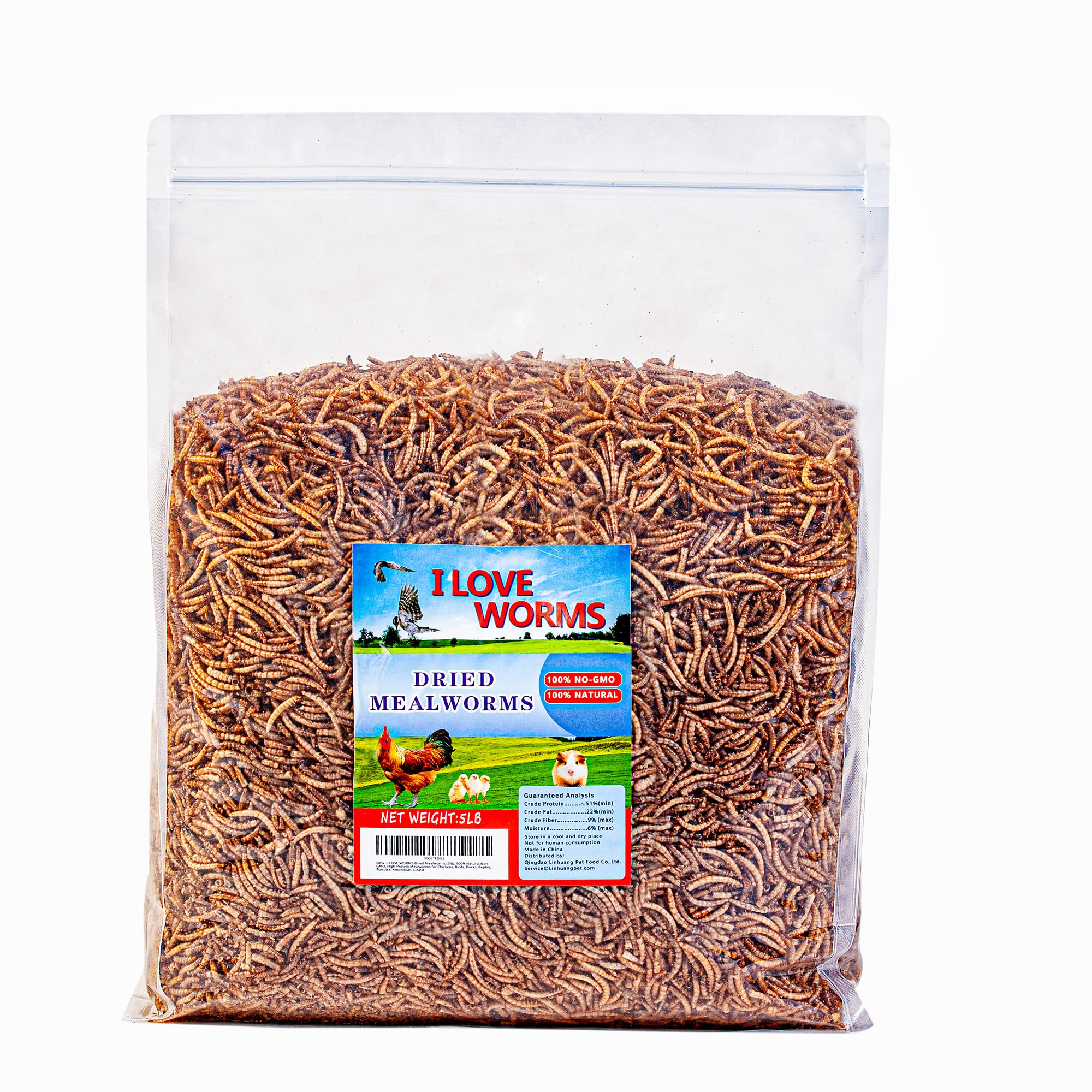 I LOVE WORMS empaque frontal mostrando 5 lb y beneficio de larga conservación