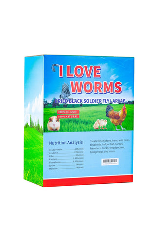 I LOVE WORMS primer plano de larvas deshidratadas mostrando textura y alta proteína