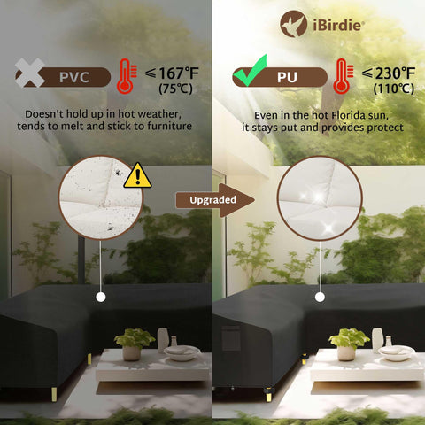 iBirdie funda en jardín sobre sofá, mantiene muebles limpios