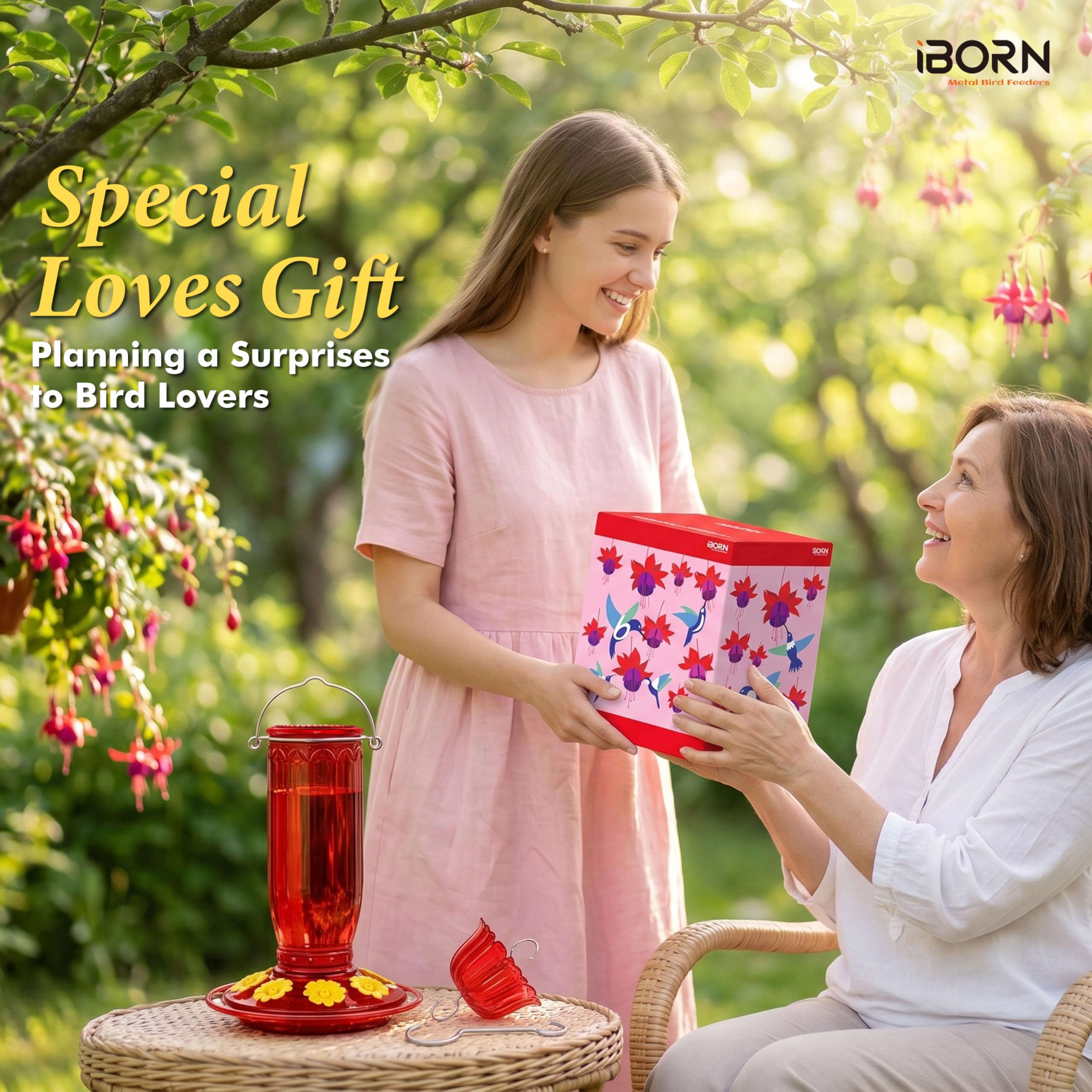 iBorn en jardín con colibrí alimentándose en escena natural