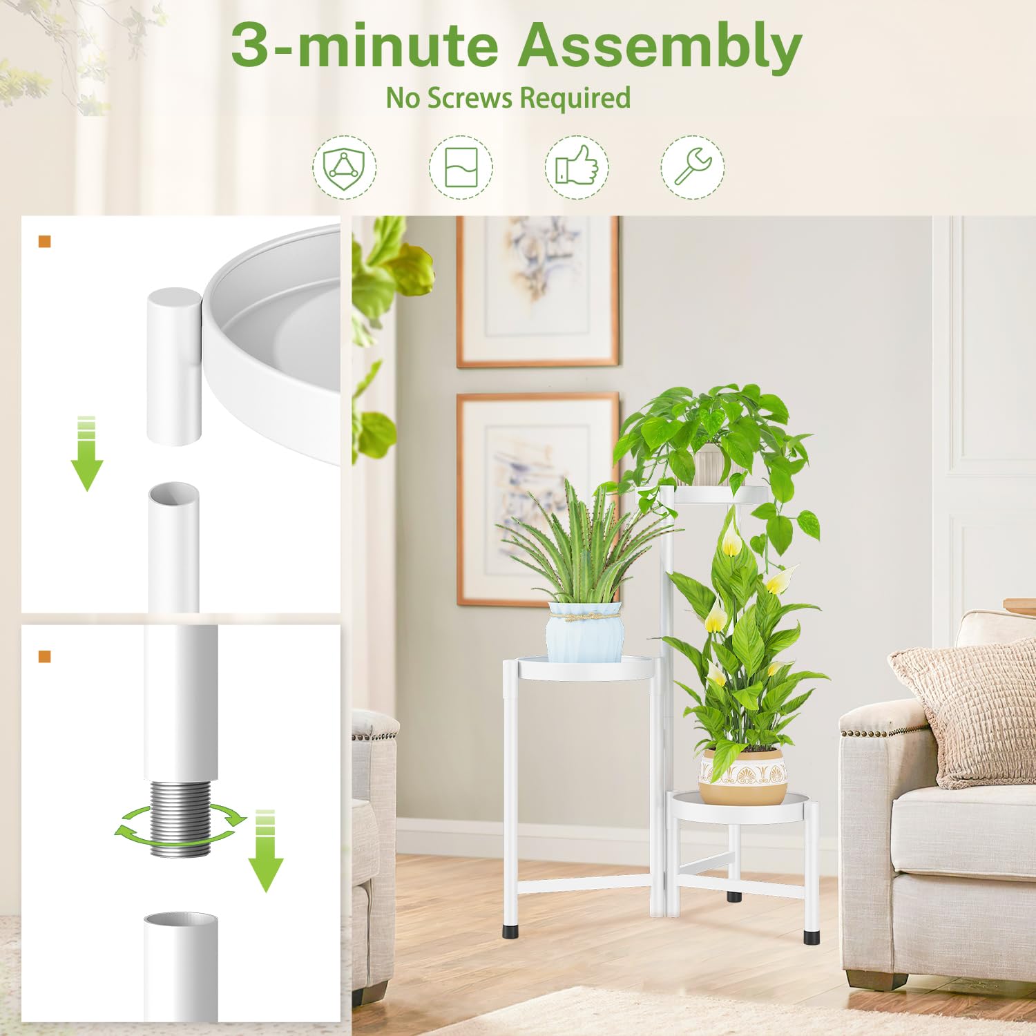 iDavosic.ly soporte con plantas en sala demostrando ahorro de espacio