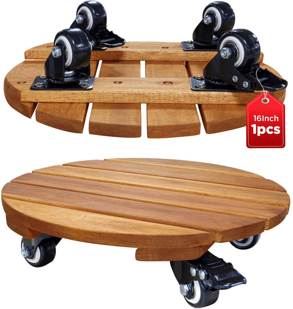 IDZO vista frontal del plant caddy de madera mostrando estabilidad y diseño elegante