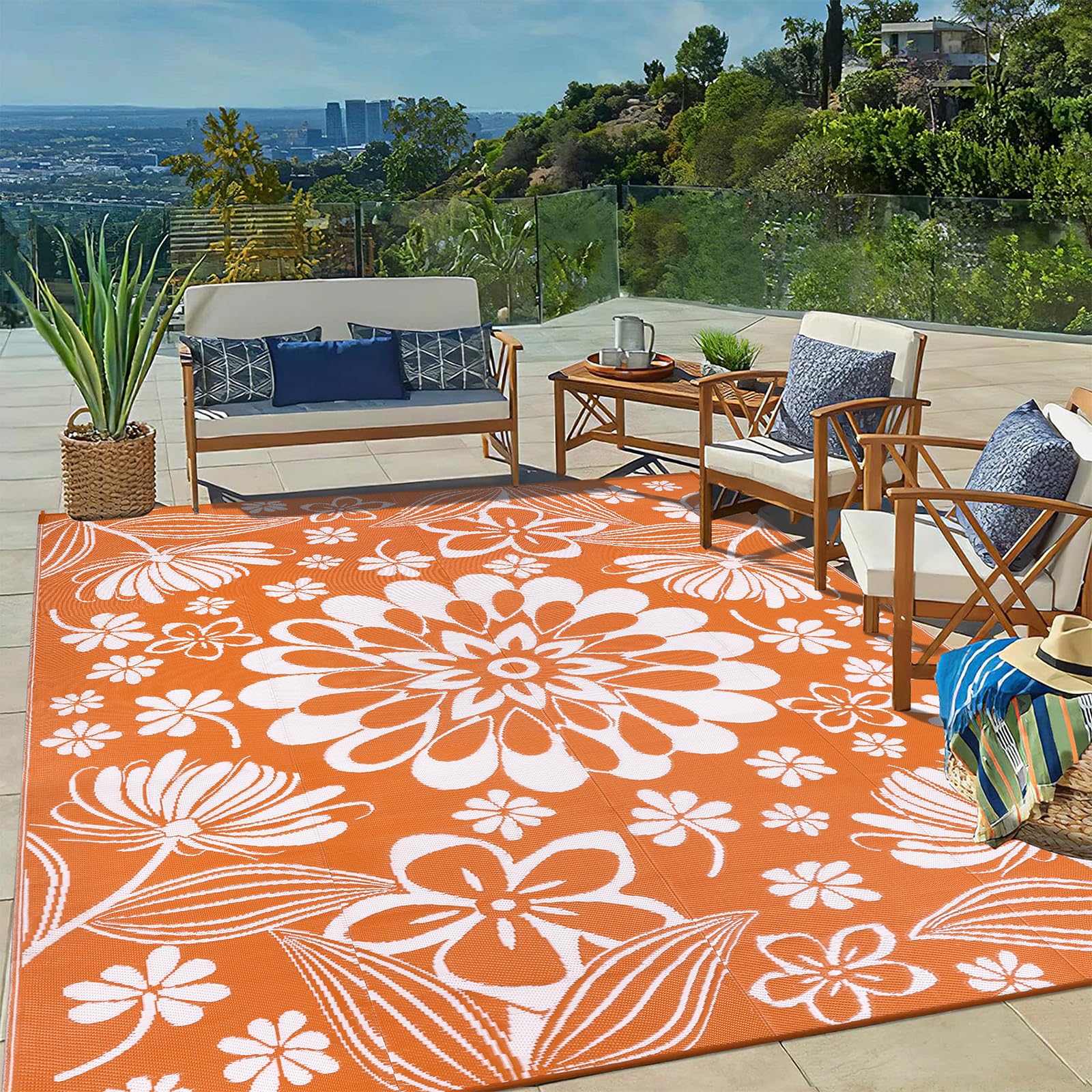 Ileading alfombra exterior frontal naranja floral aporta color y protección al patio