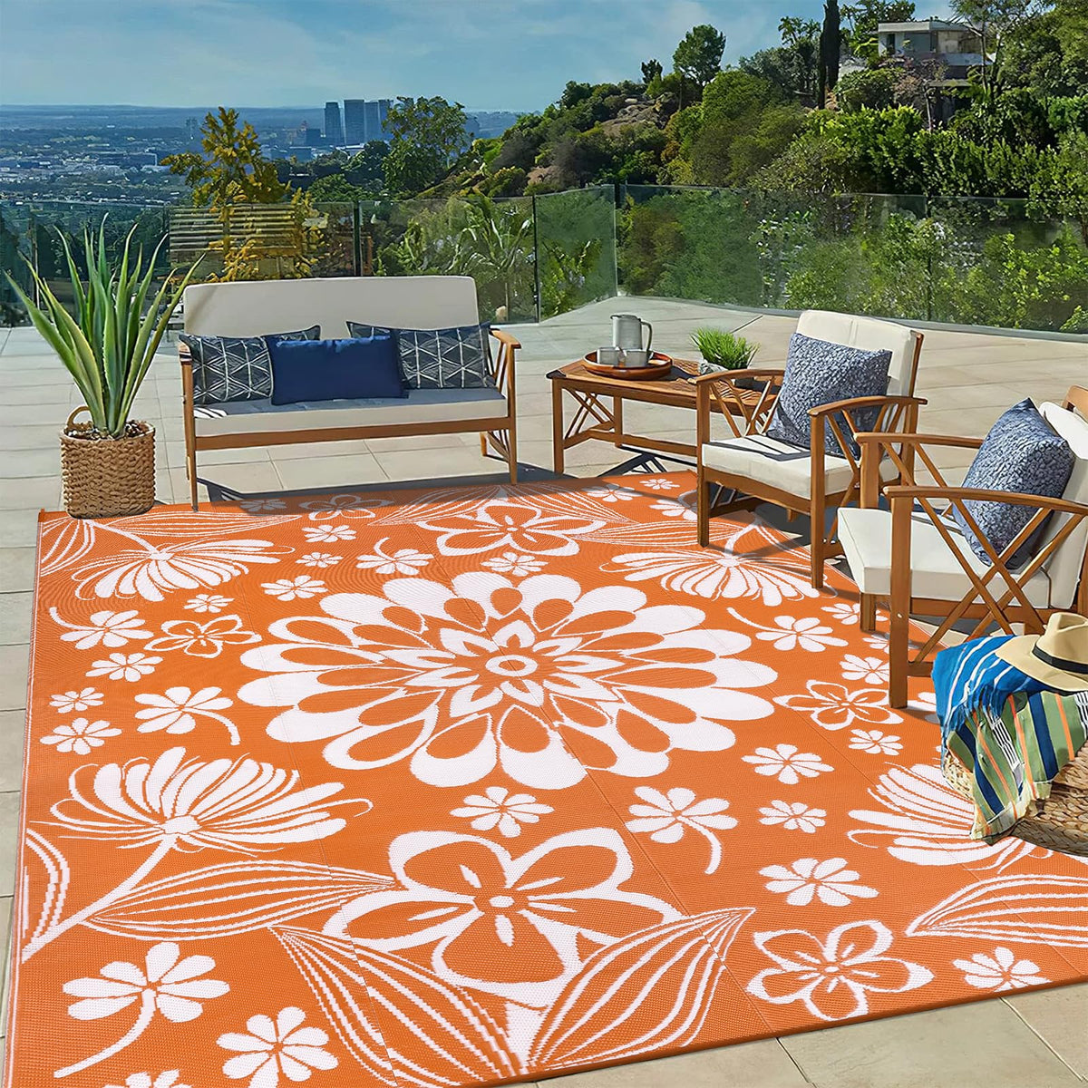 Ileading alfombra exterior frontal naranja floral aporta color y protección al patio