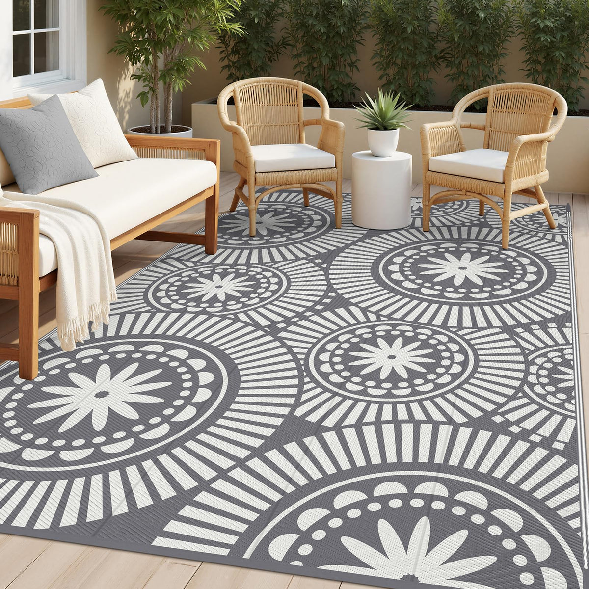 Ileading alfombra exterior frontal mostrando diseño geométrico y durabilidad