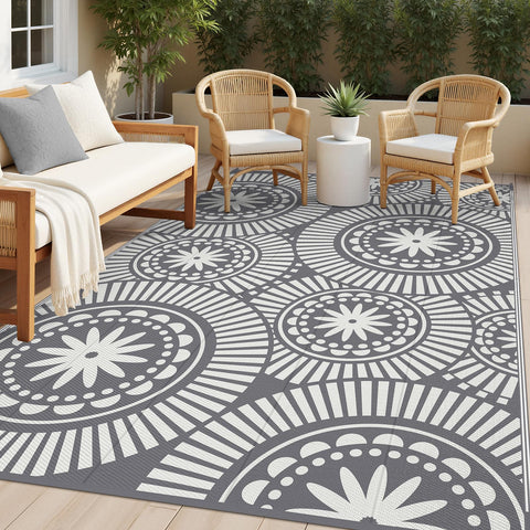 Ileading alfombra exterior frontal mostrando diseño geométrico y durabilidad