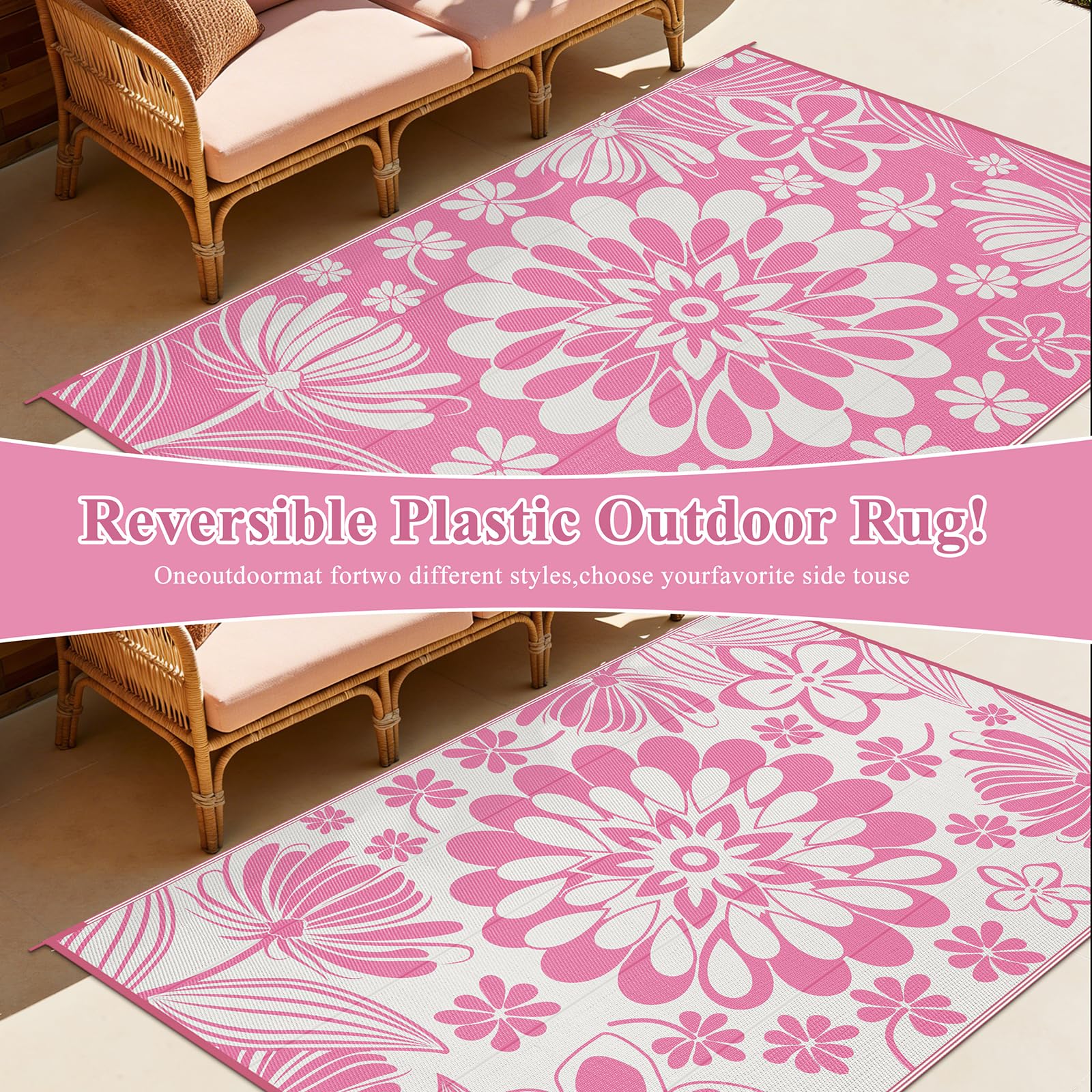 Ileading alfombra reversible mostrando dos patrones, versatilidad estética