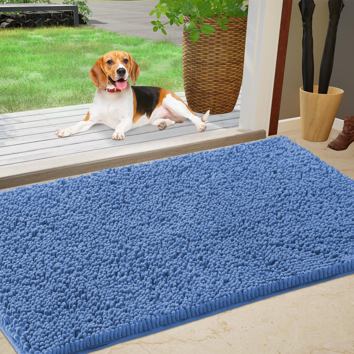 IM HOME felpudo frontal mostrando tamaño y color cornflower blue, protección contra suciedad