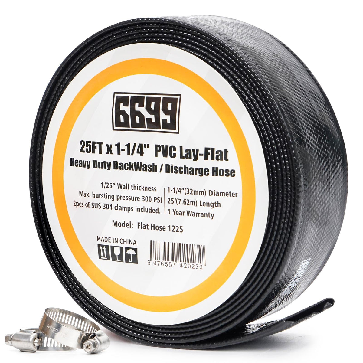 6699 manguera de descarga 1-1/4" x 25 pies — manguera plana PVC reforzado con 2 abrazaderas SUS304